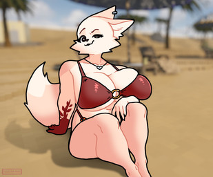 3d_background anthro blurred_background breasts cheek_tuft cleavage cleavage_overflow clothed clothing countershade_breasts countershade_face countershade_torso countershading dipstick_tail ear_piercing eyelashes facial_tuft female female_anthro fur hand_tattoo inner_ear_fluff markings navel pale_fur piercing red_clothing sitting slightly_chubby slightly_chubby_anthro slightly_chubby_female solo swimwear tail tail_markings thick_thighs tuft two-piece_swimsuit white_body white_fur cluster-raid fany_(foxdee) canid canine fox mammal 2026 3d_(artwork) absurd_res digital_drawing_(artwork) digital_media_(artwork) hi_res mixed_media