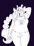 asriel_dreemurr blush boss_monster_(undertale) bow_ribbon breasts clothing crossgender dracozhilla female hair hi_res monochrome mtf_crossgender overalls ponytail slightly_chubby solo undertale undertale_(series)