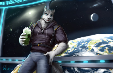 anthro backpack barazoku beard beverage black_clothing black_facial_hair black_hoodie black_nose black_topwear blue_bottomwear blue_clothing blue_eyes blue_jeans blue_pants bottomwear claws clothed clothing cloud denim denim_bottomwear denim_clothing dog_tags earth facial_hair finger_claws fur grey_body grey_fur holding_beverage holding_object hoodie jeans leaning leaning_against_object leaning_against_window logo male moon neckwear pants planet pose smile smoothie solo space space_station spacescape star sun sweater tail topwear white_body white_fur null-ghost logan_mcgrath canid canine canis mammal wolf 2012 artist_logo dated