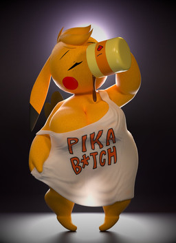 anthro barefoot beverage big_breasts black_background black_eyebrows blonde_hair bottomless breasts cheek_spots cleavage clothed clothing coffee coffee_mug dipstick_ears dipstick_tail drinking_coffee ear_markings eyebrows eyes_closed feet female female_anthro hair head_tuft heart_symbol heart_tail huge_breasts light markings multicolored_ears novelty_clothing profanity shirt shirt_grab shirt_only shortstack shortstack_female simple_background solo spilling_drink tail tail_markings tank_top text tiptoes tired topwear topwear_only tuft white_clothing white_shirt white_tank_top white_topwear wide_hips samitrese nintendo pokemon kanna_(joaoppereiraus) generation_1_pokemon pikachu pokemon_(species) 2026 3d_(artwork) blender_(artwork) digital_media_(artwork) english_text hi_res lighting portrait