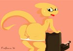 2016 alphys anthro big_butt butt chair clothed clothing dated digital_media_(artwork) female firebowie furniture lizard nerd nervous office_chair panties panties_around_thighs panties_down partially_clothed reptile scalie signature solo thick_thighs uncensored undertale_(series) underwear underwear_down yellow_body