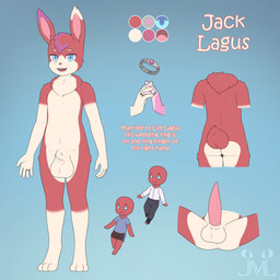 anthro balls big_balls big_penis blue_eyes digit_ring fur genitals jewelry looking_at_viewer male penis presenting rear_view red_body red_fur ring solo spread_legs spreading tapering_penis wedding_ring white_body white_fur jm-luxro jack_lagus_(jmluxro) lagomorph leporid mammal rabbit 1:1 hi_res model_sheet