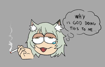 bodily_fluids cigarette female half-closed_eyes narrowed_eyes not_furry sharp_teeth simple_background smile smoke smoking smoking_cigarette solo tears teeth text thought_bubble dumbnuts47 chainsmoker_cat yaniko_satou animal_humanoid cat_humanoid felid felid_humanoid feline feline_humanoid humanoid mammal mammal_humanoid english_text