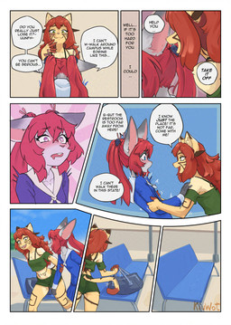 anthro arm_grab aroused bench blue_eyes blush bodily_fluids bottomwear breasts buckteeth claws clothed clothing college college_student dialogue drooling duffel_bag duo embarrassed eyewear female female/female finger_claws glasses green_eyes hair heart_eyes heart_symbol outside ponytail red_hair saliva school school_uniform skirt small_breasts stirrup_legwear teasing teeth text toe_claws twintails_(hairstyle) uniform whispering whispering_in_ear kiu-wot naili_(cyberkaps) yawara_(kiu-wot) domestic_cat felid feline felis lagomorph leporid mammal rabbit absurd_res comic english_text hi_res