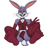 anthro balls buckteeth bulge clothed clothing crossdressing feet femboy foot_focus genitals gloves handwear legwear lingerie looking_at_viewer male open_mouth presenting simple_background smug solo stockings teeth tongue whiskers white_background hicanyoumooforme looney_tunes warner_brothers bugs_bunny lagomorph leporid mammal rabbit 1:1 hi_res