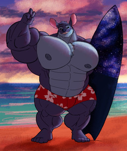 4_fingers 4_toes abs anthro anthrofied beach biceps big_muscles biped black_eyes blue_nipples blue_nose bulge chest_tuft clothing eyebrows feet fingers gesture grin hand_gesture head_tuft huge_muscles humanoid_feet male muscular muscular_anthro muscular_male navel nipples outside pecs plantigrade raised_eyebrow sea seaside smile solo speedo standing sunset surfboard swimwear thick_thighs toes triceps tuft v_sign vehicle water watercraft silver-stag disney lilo_and_stitch himbo_stitch stitch_(lilo_and_stitch) alien experiment_(lilo_and_stitch) 2021 absurd_res digital_media_(artwork) hi_res