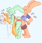 absurd_res anthro apron balls blush blush_lines bottomwear bottomwear_down butt cheek_tuft chest_tuft clothed clothing dishes duo erection eyes_closed facial_tuft fur genitals gloves green_body green_fur handwear hi_res hot_dogging humanoid_genitalia humanoid_penis lagomorph leporid looking_back male male/male mammal orange_body orange_fur pants pants_around_thighs pants_down partially_clothed penis rabbit sex shirt shorts simple_background smile t-shirt topwear tuft vein veiny_penis washing_dishes white_background wide_eyed work_gloves xing1