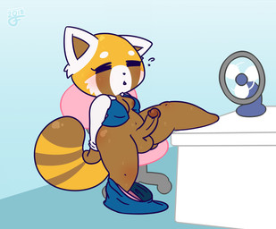 areola balls blush bodily_fluids bottomless bottomwear breasts chair chibi clothed clothing desk electric_fan erection eyelashes eyes_closed fur furniture genitals gynomorph heat_(temperature) intersex long_sleeves multicolored_body multicolored_fur navel office_chair open_clothing open_shirt open_topwear orange_body orange_fur partially_clothed penis raised_leg shirt shortstack shortstack_gynomorph shortstack_intersex simple_background sitting skirt slightly_chubby solo sweat sweaty_balls sweaty_genitalia table topwear uniform vest wet white_body white_fur furfnsfw aggretsuko sanrio retsuko ailurid mammal red_panda 2018 absurd_res digital_drawing_(artwork) digital_media_(artwork) hi_res signature