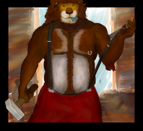anthro belly body_hair bottomwear bulge clothed clothing condom happy_trail male musclegut muscular nipple_piercing nipples piercing sexual_barrier_device skirt solo suspenders worker alanut lionerz felid lion mammal pantherine artist_collaboration