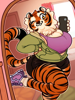 anthro big_breasts black_bottomwear black_clothing black_phone black_shorts black_stripes blurred_background bottomwear bra breasts brown_eyebrows brown_nose cellphone cheek_tuft cleavage clothed clothed_anthro clothed_female clothing electronics eyebrows facial_markings facial_tuft female footwear green_clothing green_jacket green_topwear hand_on_hip head_markings holding_object holding_phone hotpants inner_ear_fluff jacket looking_at_viewer markings mirror mirror_reflection mirror_selfie neck_tuft one_eye_closed open_mouth open_smile phone phone_camera posing_for_picture purple_bra purple_clothing purple_sneakers purple_sports_bra purple_underwear reflection selfie shoes shorts smartphone smile sneakers solo sports_bra striped_body striped_face striped_legs striped_markings striped_tail stripes tail tail_markings topwear tuft underwear white_breasts white_inner_ear white_inner_ear_fluff white_tuft wink winking_at_viewer highlandkall naomi_(highlandkall) felid mammal pantherine tiger 2023 3:4 colored digital_drawing_(artwork) digital_media_(artwork) hi_res