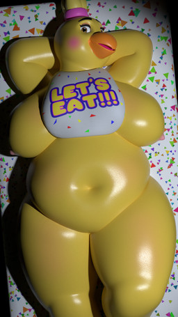 anthro beak bib big_breasts biped blush breasts female female_anthro furniture hands_behind_head lying navel nipples nude on_back overweight solo table thick_thighs wide_hips yellow_body yellow_eyes sesame_bun five_nights_at_freddy's scottgames chica_(fnaf) avian bird chicken galliform phasianid 3d_(artwork) 9:16 digital_media_(artwork) hi_res