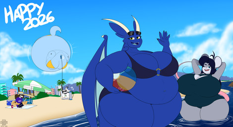 5_fingers air_inflation air_tank anthro ball beach beach_ball belly beverage_can big_breasts bikini black_hair black_horn black_nose blue_body blue_eyebrows breasts brown_hair buckteeth building cleavage clothed clothing cloud day electronics eyebrow_piercing eyebrows eyewear facial_piercing female fingers fur grey_body grey_fur group hair hat headgear headwear holding_object holding_phone horn hose immobile inflatable inflation looking_at_object looking_at_phone looking_at_viewer male multicolored_body multicolored_fur navel navel_piercing one-piece_swimsuit open_mouth outside overweight overweight_anthro overweight_female phone piercing pink_nose pink_tongue sand sunglasses swimwear tail tan_body tan_fur tan_horn teal_tongue teal_wings teeth thick_thighs tongue two-piece_swimsuit umbrella white_body wings yellow_eyes day-tripper-guy mythology blue_(day-tripper-guy) isaac_(day-tripper-guy) jackeline_(day-tripper-guy) canid canine canis domestic_dog dragon mammal mouse murid murine mythological_creature mythological_scalie rodent scalie 2026 hi_res