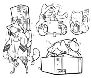 anthro bell bodily_fluids box carrying_another clothing container cybernetic_leg cybernetic_limb cybernetics delivery_(commerce) delivery_employee disembodied_hand duo flying_sweatdrops holding_box holding_container holding_object hood hooded_jacket jacket machine male motion_lines package paws screen screen_face signing sleeping solo_focus standing sweat sweatdrop text topwear jooshy android felid feline mammal robot 2019 digital_drawing_(artwork) digital_media_(artwork) english_text monochrome