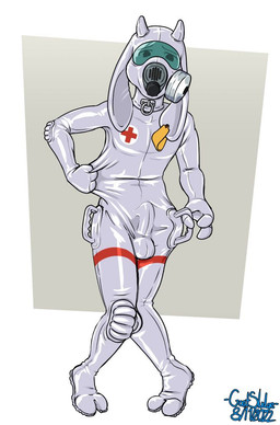 anthro balls big_bulge bodysuit bulge clothing clothing_grab collar collar_ring ear_piercing ear_tag embarrassed erection erection_through_clothing erection_under_clothing furgonomics gas_mask genitals handle handles_on_butt handles_on_hips horn huge_bulge knee_pads latex latex_clothing latex_collar latex_mask latex_skinsuit long_ears male mask open_mouth penis piercing posture_collar red_cross skinsuit solo speech_bubble tight_clothing visor white_latex goatsludge cyrus_mackenzie bovid caprine goat mammal