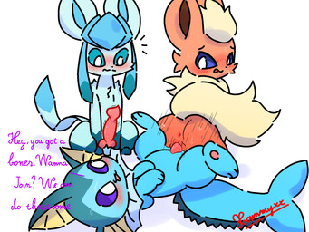 animal_genitalia animal_penis anus big_tail blue_body blue_ears blue_eyes blue_fur blue_inner_ear blue_tail blush bodily_fluids brown_inner_ear canine_genitalia canine_penis duo_focus erection female female_penetrated feral feral_on_feral feral_penetrated feral_penetrating feral_penetrating_feral fur genital_fluids genitals group humanoid_genitalia humanoid_vulva looking_at_another looking_back lying male male/female male_penetrating male_penetrating_female neck_tuft on_back orange_body orange_ears orange_fur penetration penile penile_penetration penis penis_in_vagina purple_eyes reverse_amazon_position sex simple_background spread_legs spreading sweat tail talking_to_another text trio tuft vaginal vaginal_fluids vaginal_penetration vulva white_background yellow_body yellow_fur yellow_tail conditional_dnp xammyxx nintendo pokemon eeveelution flareon generation_1_pokemon generation_4_pokemon glaceon mammal pokemon_(species) vaporeon 2026 4:3 digital_media_(artwork) english_description english_text hi_res ibispaint_(artwork) shaded signature watermark