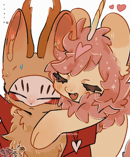 ambiguous_gender anthro big_ears blush chest_tuft duo eyelashes eyes_closed fangs feral heart_symbol hooves horn hug mask mouth_closed open_mouth round_ears teeth tuft lunnanathalia fabulous_beasts fenz_(studio) mythology shi_qilin sibuxiang_the_deer_(fabulous_beasts) deer dragon kirin mammal mythological_creature mythological_scalie scalie absurd_res hi_res parent_(lore) parent_and_child_(lore)