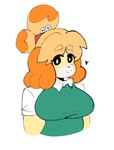 anthro big_breasts breasts clothing female hair heart_symbol huge_breasts looking_at_viewer orange_hair shirt smile solo topwear white_eyes yellow_body lewd_dorky animal_crossing nintendo isabelle_(animal_crossing) canid canine canis domestic_dog mammal shih_tzu toy_dog absurd_res hi_res