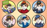anthro bellhop black_hair business_suit canid canine canis clothing coronta_(tenshoku_safari) domestic_dog fur gesture hair hand_gesture holding_object looking_at_viewer male mammal maruyama_(artist) multicolored_body multicolored_fur official_art one_eye_closed open_mouth orange_body orange_fur plumber pointing police salute smile suit tenshoku_safari tools two_tone_body two_tone_fur white_body white_fur wink wrench