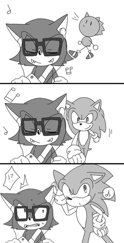 anthro big_head black_nose clothing duo eyes_closed eyewear fur glasses gloves handwear interrobang male narrow_hips sharp_teeth simple_background stick_calves stick_legs stick_thighs teeth thin_calves thin_legs thin_thighs toony sonicsky2337 sega sonic_forces sonic_the_hedgehog_(series) custom_character_(sonic_forces) gadget_the_wolf sonic_the_hedgehog canid canine canis eulipotyphlan hedgehog mammal wolf 2017 hi_res monochrome