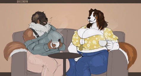 anthro belly beverage big_belly big_breasts blue_eyes breasts brown_body brown_fur brown_hair cleavage clothed clothed_anthro clothed_female clothing coffee coffee_mug container cup duo female floppy_ears fur hair hair_over_eyes holding_container holding_cup holding_object huge_breasts neck_tuft overweight overweight_anthro overweight_female smile steam sweater tail thick_thighs topwear tuft voluptuous_anthro voluptuous_female jezzlen mollie_(jezzlen) vreneli_liljedahl canid canine canis domestic_dog mammal molosser mountain_dog saint_bernard hi_res
