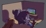 abdominal_bulge anthro belly big_belly clothing controller double_chin electronics fat_rolls furniture game_controller gaming group imminent_vore imprint multiple_prey obese open_mouth oral_vore overweight sofa television vore nommsalotl canid canine canis mammal mephitid skunk wolf absurd_res hi_res