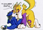 anthro black_sclera blue_eyes breasts claws dominant dominant_female duo eyeshadow female fur larger_female makeup male male/female nipples simple_background size_difference tail tuft white_background white_body white_fur yellow_body yellow_fur rotten_owl bandai_namco digimon ankhrea canid digimon_(species) mammal renamon sergal hi_res marker_(artwork) traditional_media_(artwork)