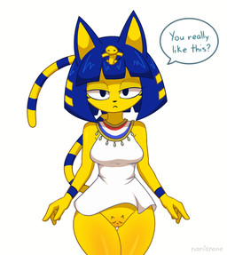 anthro blue_hair bottomless clothed clothing female fur genitals hair looking_at_viewer markings simple_background solo speech_bubble tail text toony unimpressed uraeus vulva yellow_body masornydraws animal_crossing nintendo pussy-cat_(meme) ankha_(animal_crossing) domestic_cat felid feline felis mammal absurd_res digital_media_(artwork) english_text hi_res meme