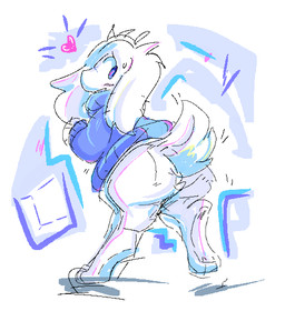 anthro barefoot big_butt block blue_clothing blue_eyes blue_sweater blue_topwear blush blush_stickers bodily_fluids bottomless bottomless_anthro bottomless_female butt clothed clothing digitigrade facial_scar feet female floppy_ears fur hair heart_symbol looking_back one_leg_up paws raised_leg rear_view scar scut_tail short_tail simple_background snout solo sweat sweatdrop sweater sweater_only tail topwear topwear_only white_background white_body white_fur white_hair x_scar mysticwaffle032 cave_story sue_sakamoto lagomorph mammal mimiga 2026 sketch