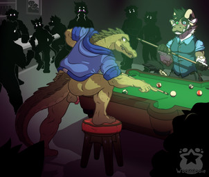 ambiguous_gender anthro backsack ball balls bar bar_stool billiard_ball billiard_table blue_clothing blush bottomless bottomwear butt clothed clothing concentrating cue_stick face_blush flaccid furniture genitals group head_spines long_tail male pants penis scales shirt snout stool table tail tail_spines topwear woogigooie mythology background_character charlie_(woogigooie) ezekiel_(woogigooie) alligator alligatorid bovid bovine crocodilian dragon hybrid mammal mythological_creature mythological_scalie reptile scalie watermark