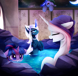 bangs bath blood blue_eyes bodily_fluids bubble detailed_background eyelashes eyes_closed feathered_wings feathers female feral frown group hair horn hot_spring inside long_hair looking_at_viewer looking_up magic male moon multicolored_hair night open_mouth outside partially_submerged paws purple_eyes rock sky smile star starry_sky towel voyeur water wet white_hair wings magnaluna friendship_is_magic hasbro my_little_pony mythology princess_celestia_(mlp) princess_luna_(mlp) spike_(mlp) twilight_sparkle_(mlp) dragon equid equine mammal mythological_creature mythological_equine mythological_scalie scalie unicorn winged_unicorn 2017 absurd_res hi_res adopted_(lore) pseudo_incestuous_voyeur_(lore) sibling_(lore) sister_(lore) sisters_(lore)