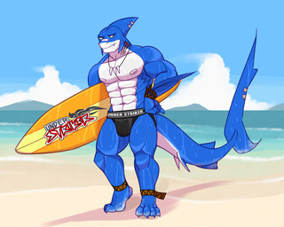 anthro barazoku beach belly black_eyes blue_body clothing cloud fang_necklace fin fin_piercing furgonomic_piercing furgonomics jockstrap male muscular muscular_male piercing sand sea solo surfboard surfer swimming_in_underwear text text_on_clothing text_on_underwear underwear water wet wet_clothing wet_underwear white_belly mindmechanica thresher_(mindmechanica) aquatic fish shark 2019 5:4 absurd_res hi_res