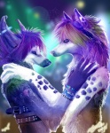 alternative_fashion anthro beaded_jewelry beads belt duo ear_piercing eyewear eyewear_on_head goggles goggles_on_head jewelry kandi_(jewelry) male piercing rave romantic romantic_ambiance romantic_couple scene_(fashion) scene_haircut simul canid canine canis mammal wolf colorful_theme