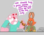 anthro beverage burger clothed clothing dialogue drinking duo eating eyelashes female food freckles green_eyes hair male male/female muscular muscular_male short_hair soda text white_eyelashes rawhell jack_smith lake_smith humanoid lagomorph leporid mammal rabbit reptile scalie snake absurd_res english_text hi_res