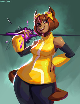 anthro armwear bottomwear brown_body brown_hair clothed clothing effects eyewear fangs female fur glasses hair looking_at_viewer open_mouth pants red_eyes simple_background smile solo tail teeth topwear yellow_clothing scarlet_side gameoverse glitch_productions kit_bodega domestic_cat felid feline felis mammal 2026 digital_media_(artwork) hi_res