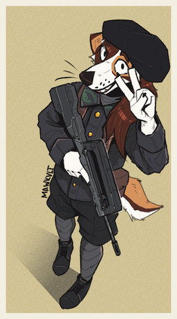 anthro assault_rifle beret boots border brown_hair clothing famas footwear gesture gun hair hand_gesture hat headgear headwear holding_gun holding_object holding_ranged_weapon holding_rifle holding_weapon looking_at_viewer ranged_weapon rifle shoes smile smiling_at_viewer solo tail teeth teeth_showing v_sign weapon yellow_border mawkvlt canid canine canis domestic_dog mammal hi_res