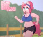 2018 2d_animation animated anthro anthrofied blue_eyes blush blush_stickers bodily_fluids clothing earth_pony english_text equid equine female fence friendship_is_magic hair hasbro horse jogging mammal motion_tweening my_little_pony nipple_outline omegaozone open_mouth outside pink_hair pinkie_pie_(mlp) pony potbelly short_playtime slightly_chubby solo sweat text url