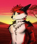 anthro blue_eyes detailed_background fur male outside plant red_body red_fur solo sunset tree white_body white_fur wolfrayay canid canine fox mammal colored digital_drawing_(artwork) digital_media_(artwork) half-length_portrait hi_res portrait shaded