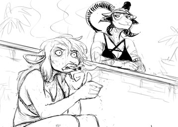 anthro bikini bikini_top bodily_fluids cigarette clothing duo eyewear female gesture hand_gesture multiple_cigarettes nervous nervous_sweat smoking smoking_cigarette sweat swimwear thumbs_up two-piece_swimsuit hladilnik jane_doe_(hladilnik) lucy_(hladilnik) bovid caprine goat mammal sheep hi_res monochrome