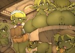 anus big_butt blonde_hair bread breasts butt casual_exposure casual_nudity detailed_background eating female food genitals green_body green_skin group hair inside not_furry nude pussy noise_(artist) goblin humanoid digital_drawing_(artwork) digital_media_(artwork) hi_res shaded soft_shading