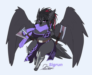 anthro armor axe beak belt big_breasts black_body black_feathers bottomwear bra braided_hair breasts clothing feathers female fluffy_ears hair huge_breasts loincloth non-mammal_breasts purple_eyes scarf shortstack shortstack_female slightly_chubby slightly_chubby_anthro slightly_chubby_female solo thick_thighs underwear wide_hipped_female wide_hips wings fuzzikayu european_mythology mythology norse_mythology sigrun_(fuzzikayu) avian bird corvid felid gryphon hybrid mammal mythological_avian mythological_creature oscine passerine valkyrie hi_res