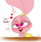 anthro female fur heart_symbol pink_body pink_eyes pink_fur solo text young silentjack cartoon_network chowder_(series) panini_(chowder) domestic_cat felid feline felis hybrid lagomorph leporid mammal rabbit 2025 digital_drawing_(artwork) digital_media_(artwork) english_text hi_res