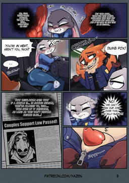 4_fingers animal_genitalia animal_penis anthro blush bodily_fluids clothed clothed_anthro clothed_female clothed_male clothing dialogue duo erection female fingers fur genitals green_eyes grey_body grey_fur in_heat knot knotted_penis male male/female orange_body orange_fur penis penis_tip pink_penis police police_uniform purple_eyes sheath tail tan_body tan_fur tan_sheath text uniform unzipped unzipped_pants white_body white_fur zipper conditional_dnp yazen disney zootopia brian_winddancer judy_hopps nick_wilde canid canine equid equine european_rabbit fox horse lagomorph leporid mammal oryctolagus rabbit red_fox true_fox absurd_res comic digital_media_(artwork) english_text hi_res