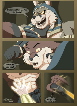 abs anthro armor beam big_muscles bottomwear bracers brown_body brown_fur cave clothing dialogue duo eyes_closed fur glowing glowing_eyes hand_on_neck headdress huge_muscles male muscular open_mouth pecs red_body red_fur speech_bubble tan_body tan_fur teeth text vein veiny_hands white_body white_fur xxsparcoxx egyptian_mythology middle_eastern_mythology mythology teofacio_larna wepwawet wepwawet_(xxsparcoxx) canid canine canis deity fox mammal red_fox true_fox wolf 2020 comic digital_media_(artwork) english_text hi_res