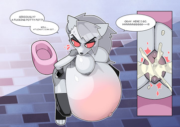 animal_genitalia animal_vulva anthro belly big_belly bodily_fluids breasts canine_genitalia canine_vulva female genital_fluids genitals huge_belly hyper hyper_belly hyper_pregnancy navel nipples peeing potty pregnant pregnant_anthro pregnant_female profanity red_sclera solo text vulva water_breaking white_eyes gunbangjindog hellaverse helluva_boss mythology loona_(helluva_boss) canid canid_demon canine demon hellhound mammal mythological_canine mythological_creature absurd_res english_text hi_res