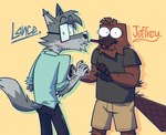 anthro clothed clothing duo embarrassed male simple_background surprise stellizard jeffrey_(stellizard) lance_(stellizard) canid canine canis mammal monotreme platypus wolf reference_image