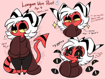 anthro black_eyes bottomwear clothing hair horn male male_humanoid multi_eye pants red_body solo spade_tail sweater tail text topwear white_hair yellow_eyes young young_humanoid young_male lewdchuu hellaverse helluva_boss longan_(lewdchuu) demon humanoid imp 2023 digital_media_(artwork) english_text hi_res model_sheet