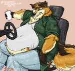 anthro belly_overhang blue_collar blush chest_tuft collar eye_roll male moobs obese obese_male overweight overweight_male solo trucker tuft vehicle_interior southernyote canid canine fox mammal