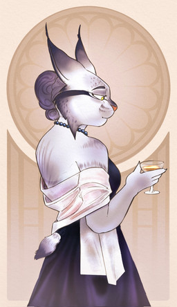anthro black_clothing black_dress clothing dress female fur glass grey_body grey_fur pointy_ears short_tail solo tail yellow_eyes catto_black disney zootopia fan_character canada_lynx felid feline lynx mammal hi_res story_at_source mother_(lore) parent_(lore)