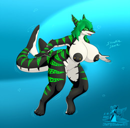 anthro big_breasts black_body black_nipples blue_background breasts countershade_face countershade_torso countershading curvy_figure ear_piercing female genitals green_eyes green_hair green_markings hair huge_breasts looking_at_viewer markings nipple_piercing nipples non-mammal_breasts non-mammal_nipples nude open_mouth piercing pupils simple_background slit_pupils solo text thick_thighs underwater voluptuous vulva water white_body jeff_dragon471 strakia_(strakiashark) aquatic fish shark 2020 absurd_res english_text hi_res signature