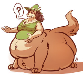 belly belly_tuft big_belly bottomless breasts clothed clothing female fluffy fluffy_tail hair hat headgear headwear long_hair navel_tuft open_mouth overweight question_mark solo speech_bubble standing tail tuft witch_hat joebluefox canid canine canis domestic_dog mammal taur